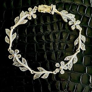 Shiny Marcasite Flower Link Sterling Silver Floral Bracelet